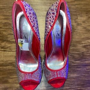 Alba Peep Toe Wedges with Red, Silver and Blue rhinestones
